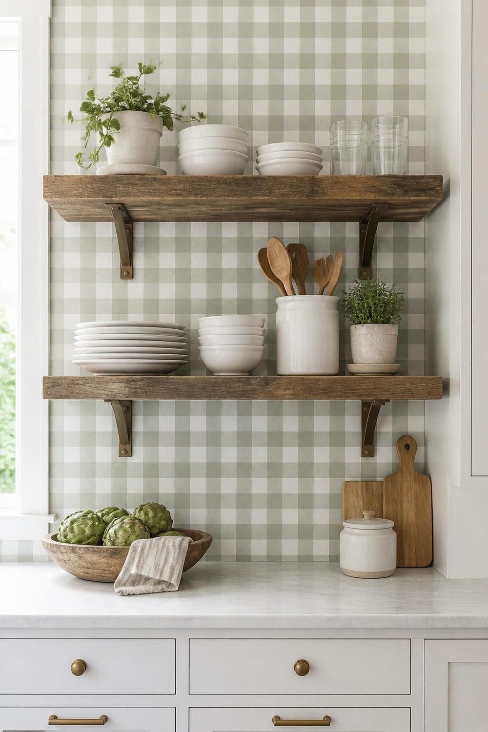 Open kitchen shelves against sage green gingham wallpaper with white dishes