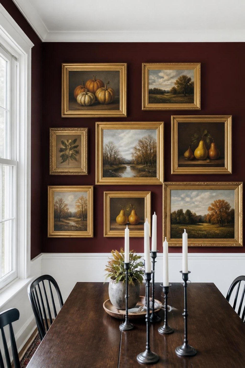Salon wall of gilded oil paintings of pears, pumpkins and autumn landscapes on a burgundy dining room wall