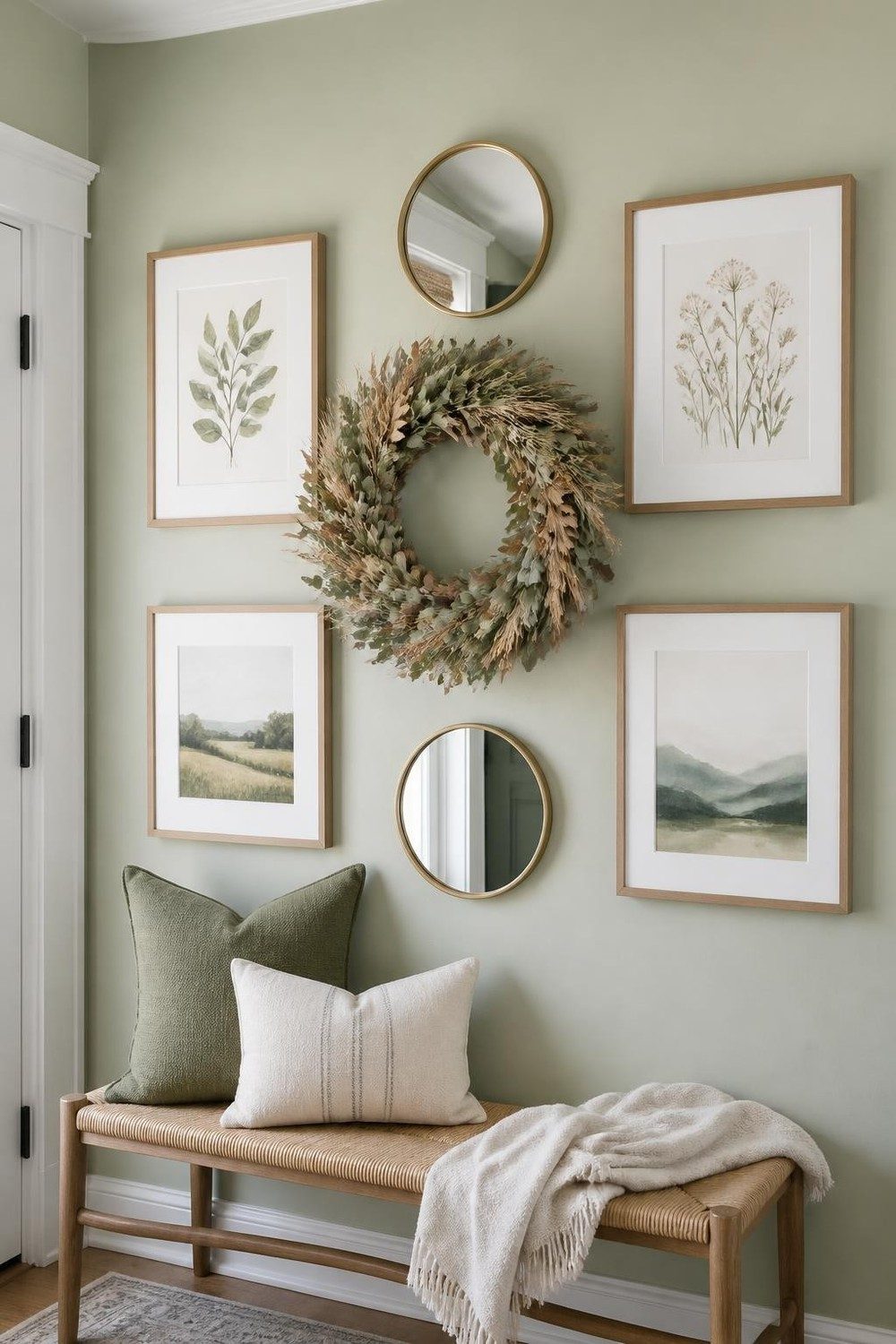 Fall gallery wall built around a dried eucalyptus and wheat wreath on a sage green wall