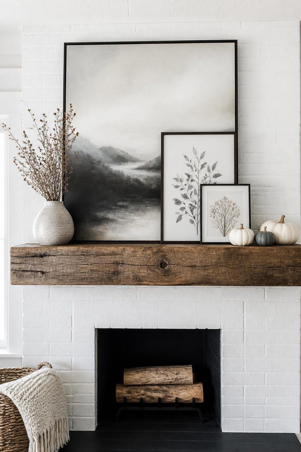 Leaning mantel gallery with a charcoal landscape painting and botanical prints on a white brick fireplace
