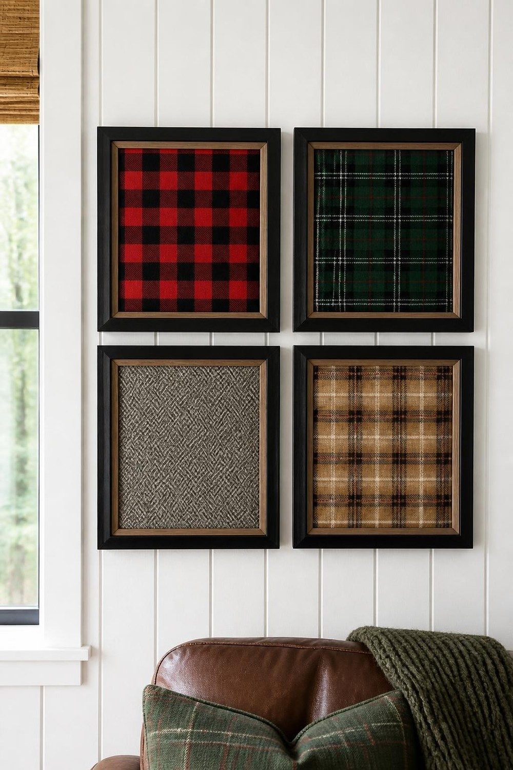 Framed buffalo check, tartan and herringbone fabric squares as fall wall art