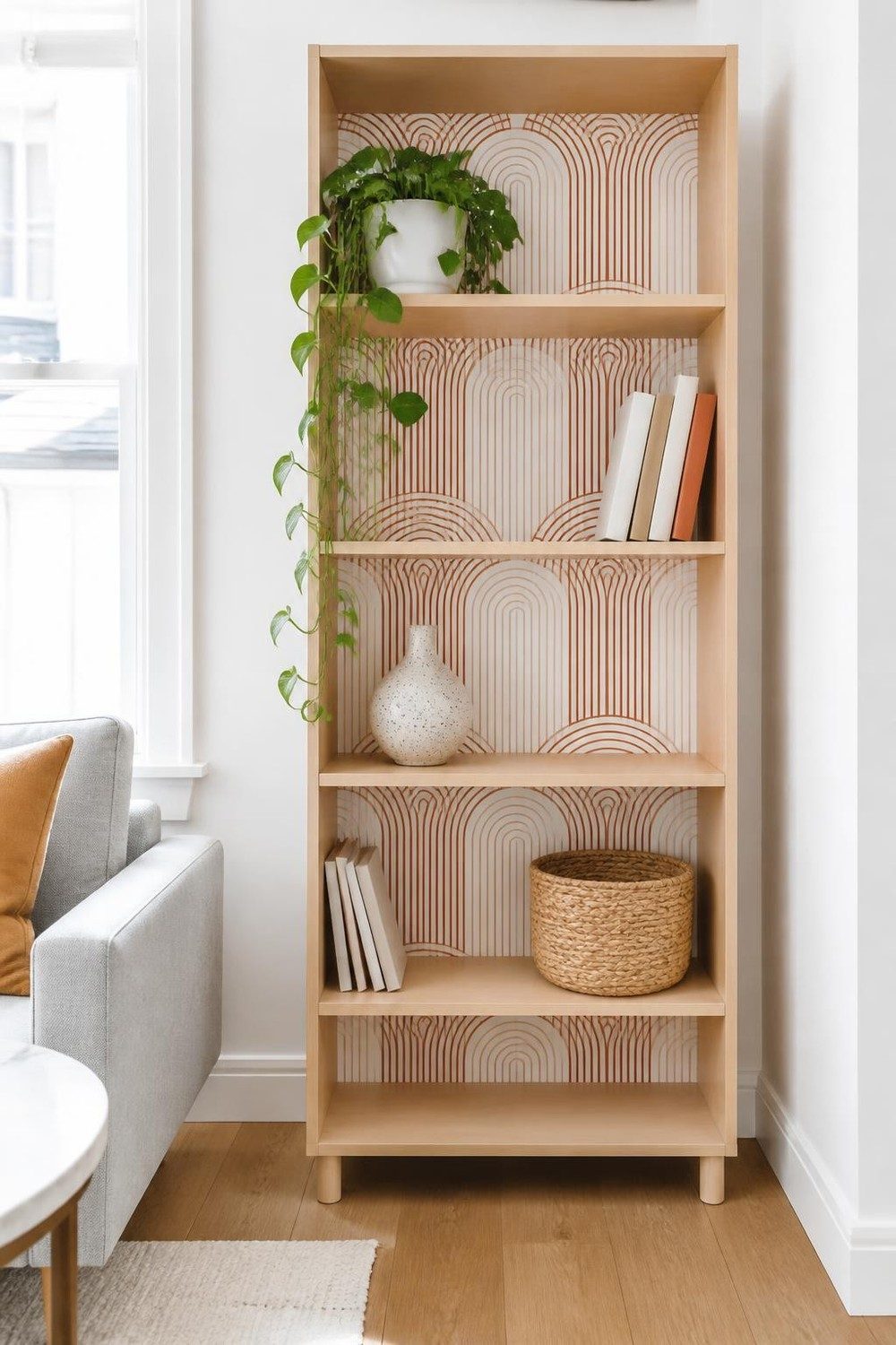 Light birch freestanding bookcase with terracotta arch peel and stick wallpaper