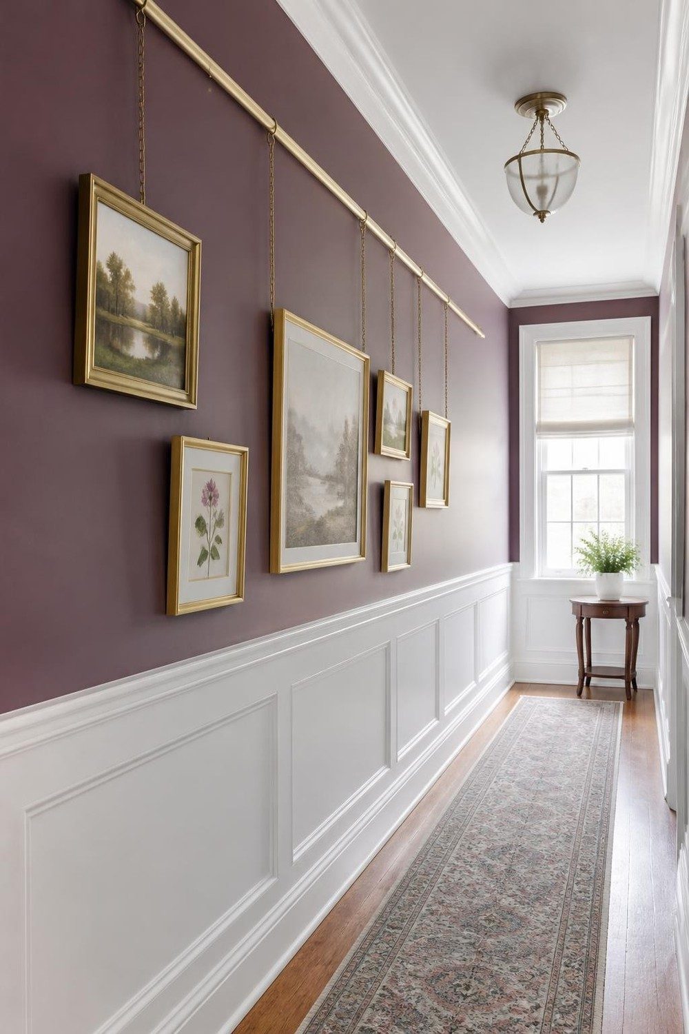 Hallway gallery rail with landscape prints hanging from brass chains on a plum wall