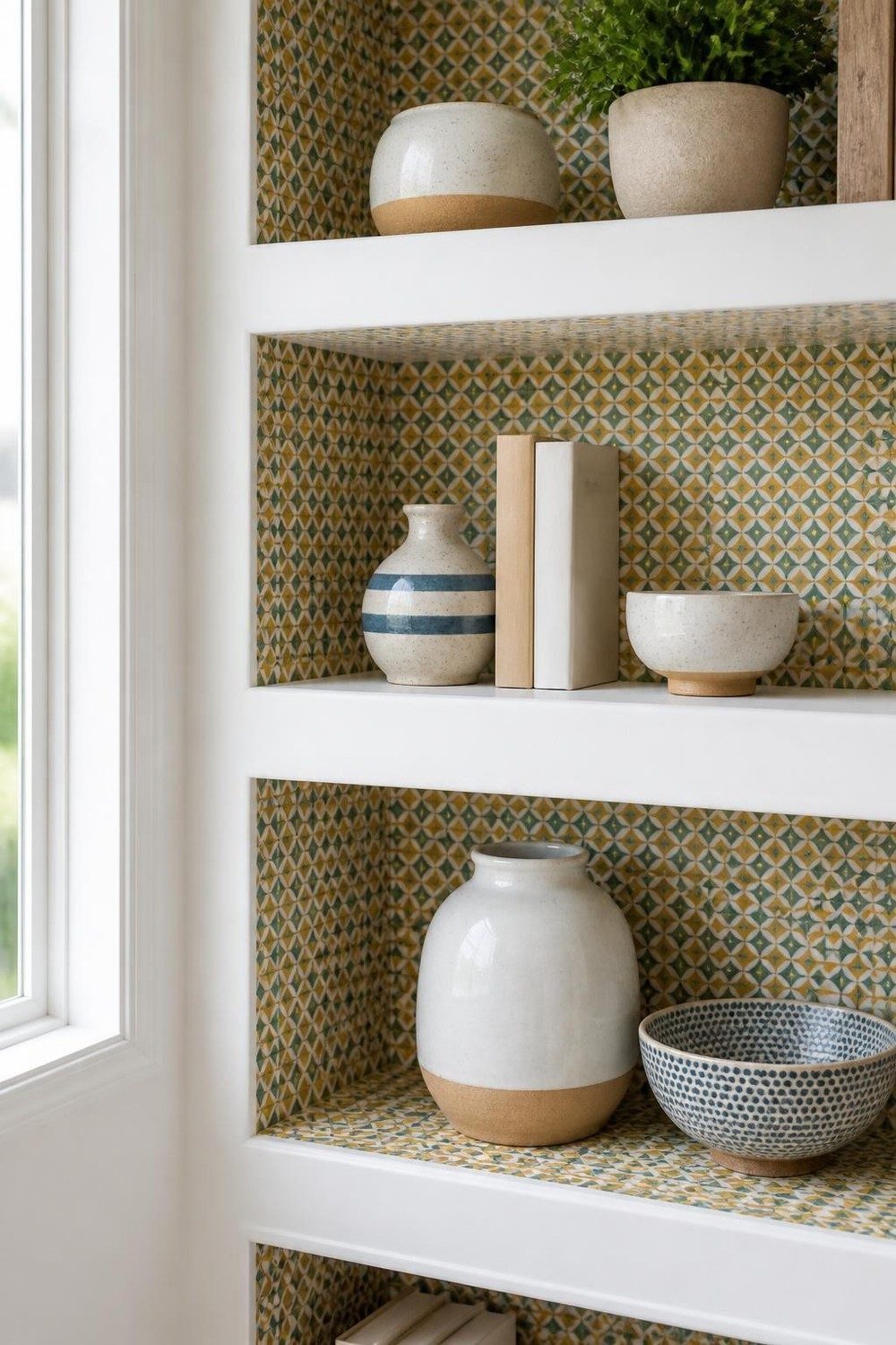 Built-in cubbies with mustard and teal wallpaper wrapped on backs and sides