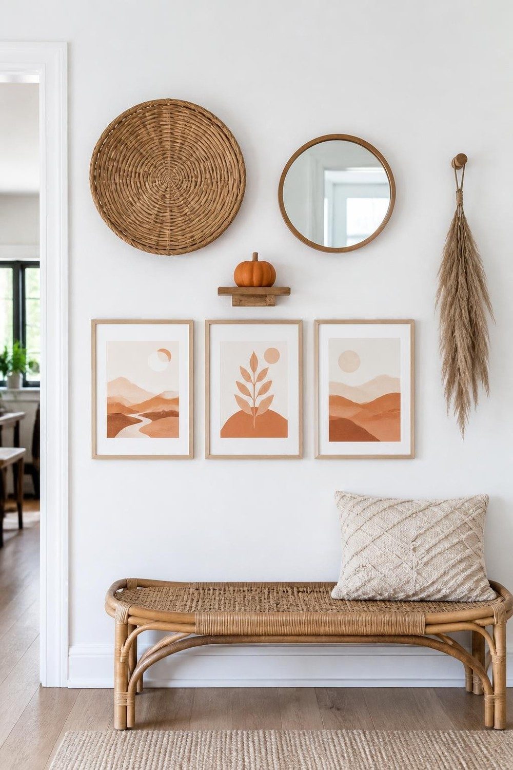 Boho fall gallery wall mixing a rattan basket, round mirror, pampas and terracotta abstract prints