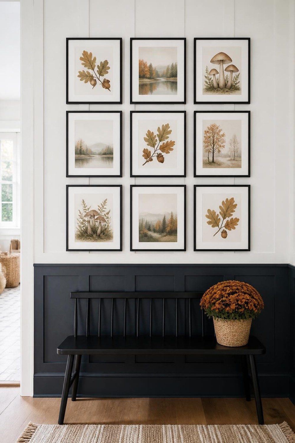 Grid of nine black frames with acorn and oak leaf prints on a navy and white board and batten wall