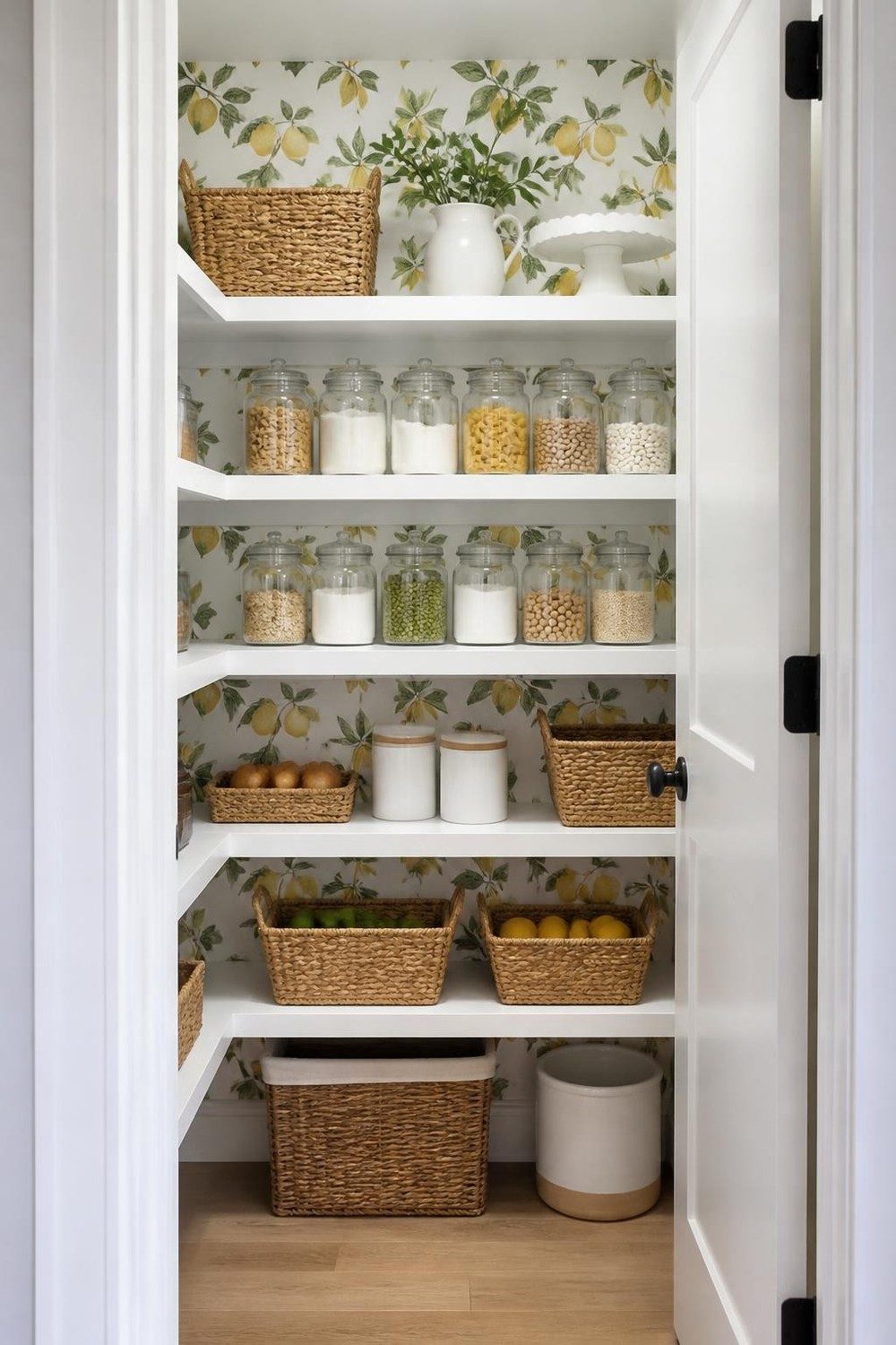 Pantry shelves against a lemon print wallpaper with glass storage jars