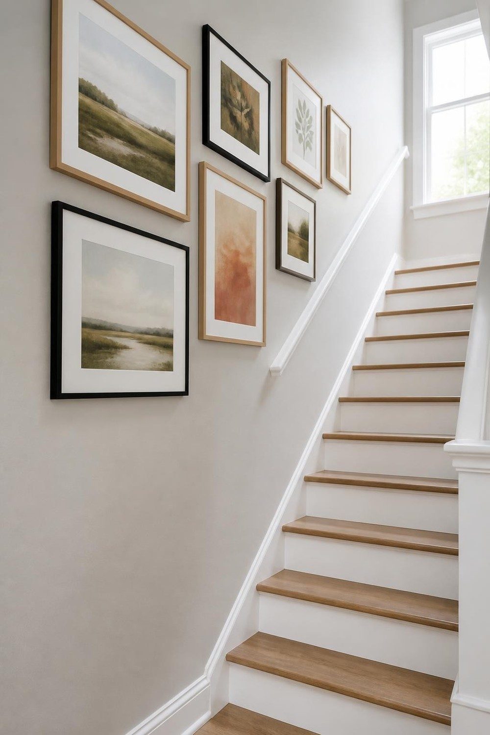Staircase gallery wall of golden landscapes and rust abstracts following the stair angle