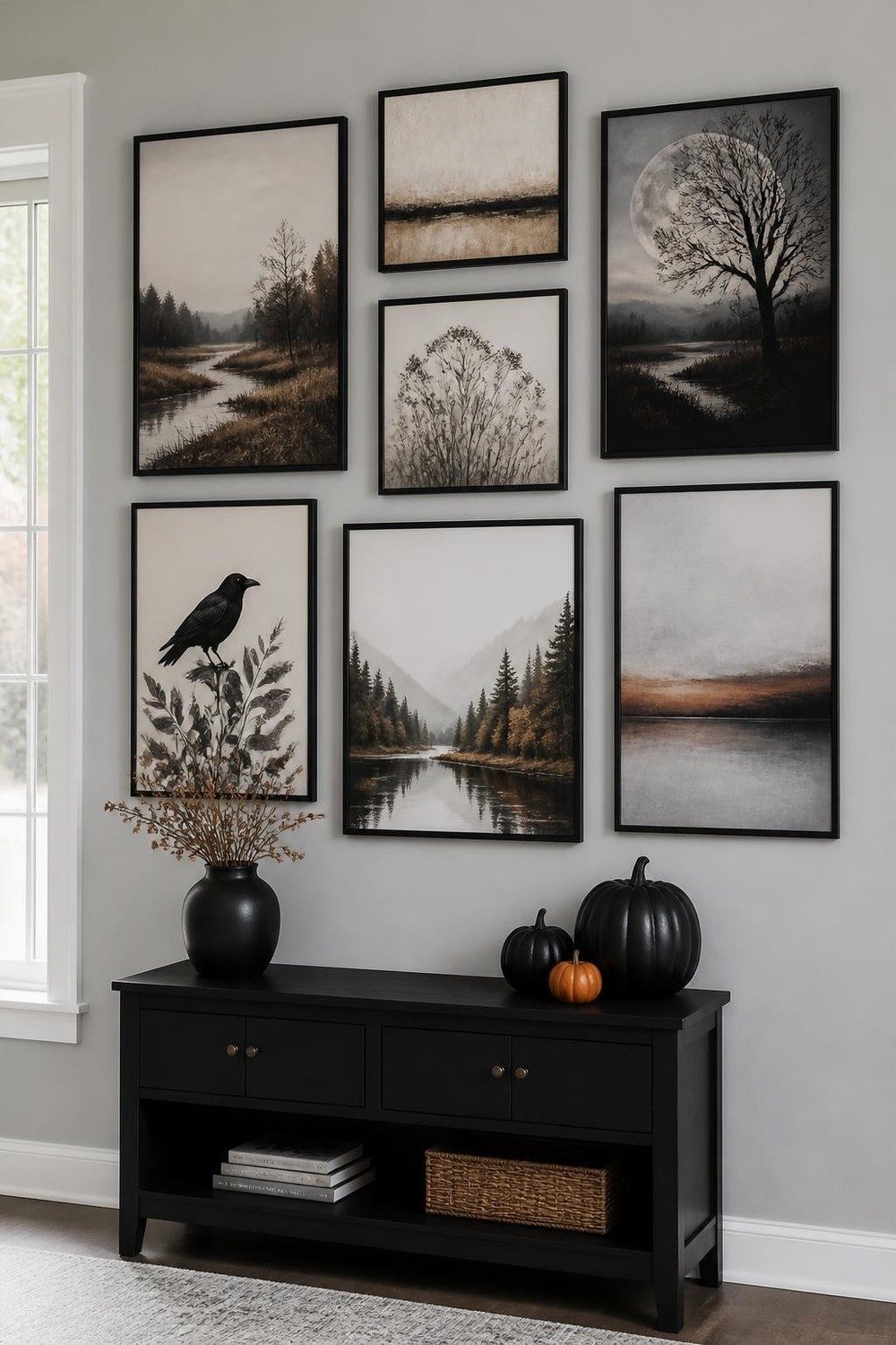 Fall gallery wall with neutral landscapes plus a moonlit tree and crow print for Halloween
