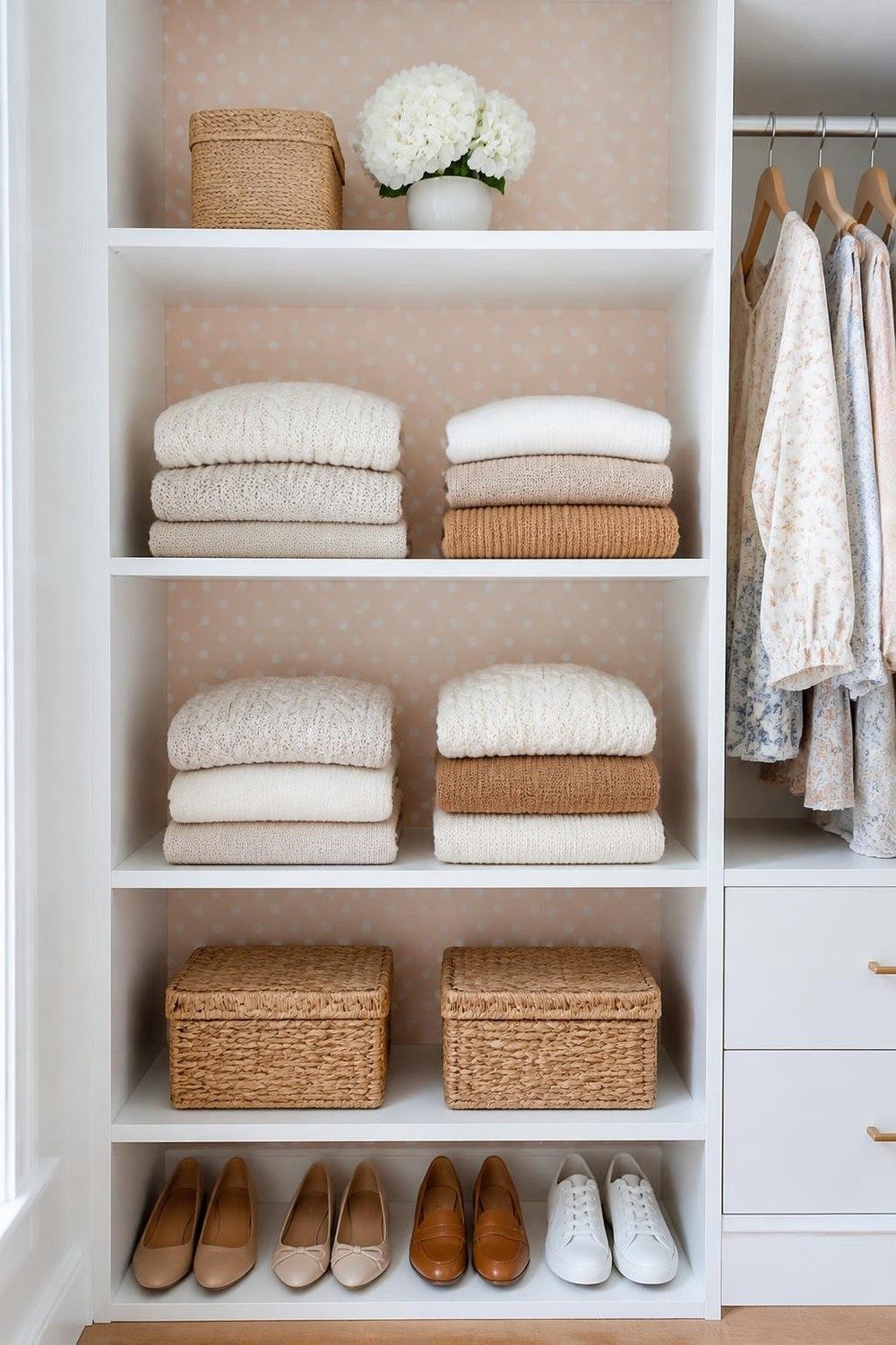 Closet shelves with peach polka dot wallpaper behind folded sweaters