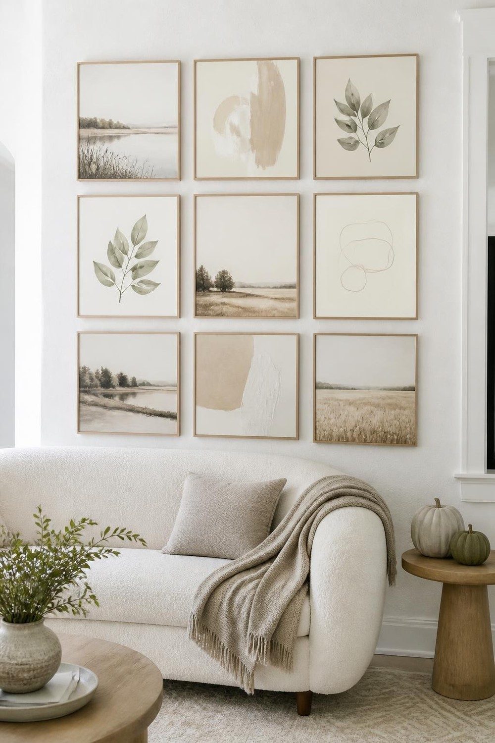 Warm neutral gallery wall of cream and tan abstracts and sage botanicals above a boucle sofa